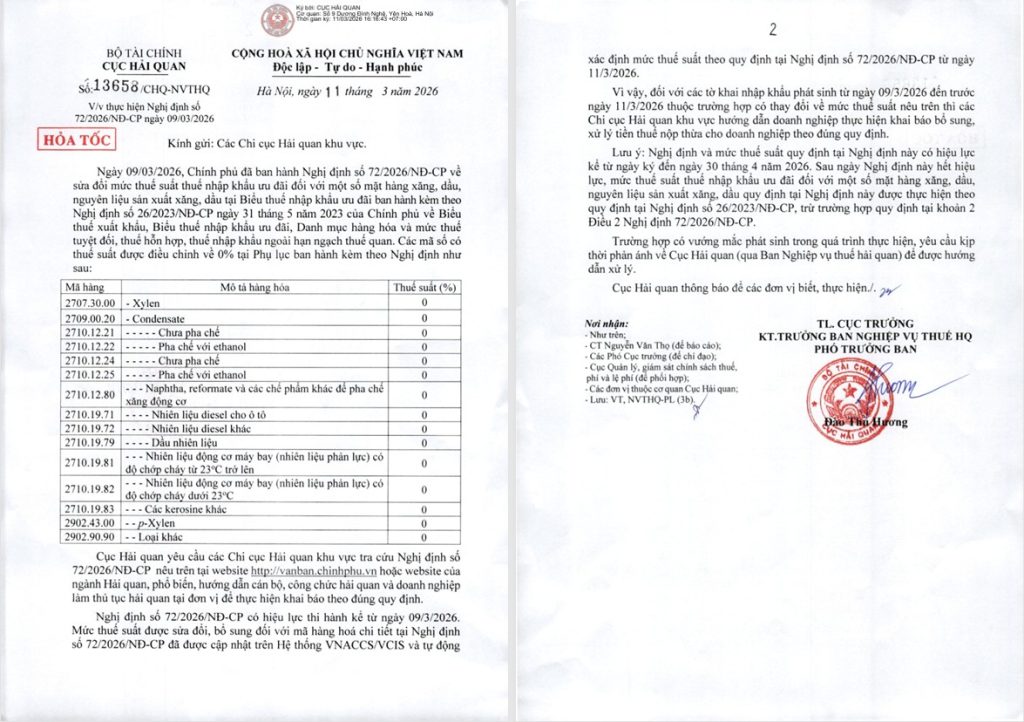 13658/CHQ-NVTHQ- GIẢM THUẾ NHẬP KHẨU XĂNG DẦU